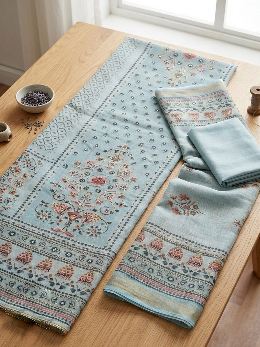 Printed Cotton Blend Unstitched Suit With Pant &amp; Dupatta