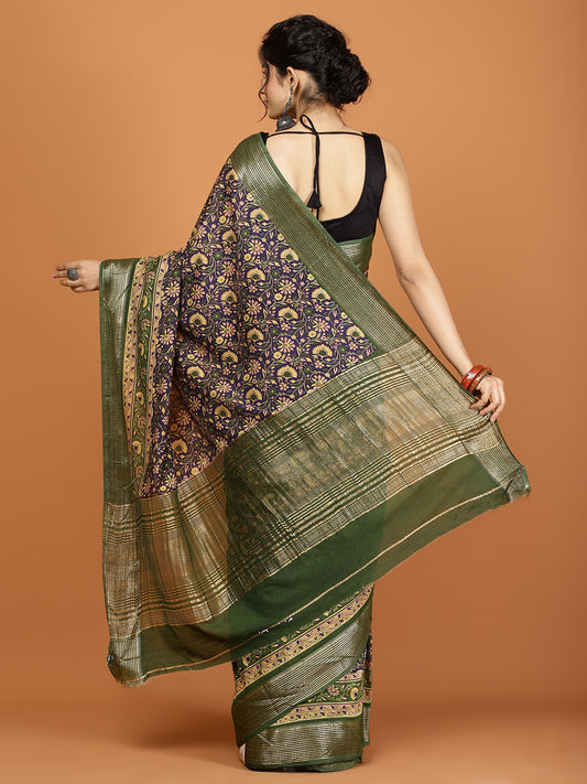 Floral Zari Border Printed Art Silk Woven Saree