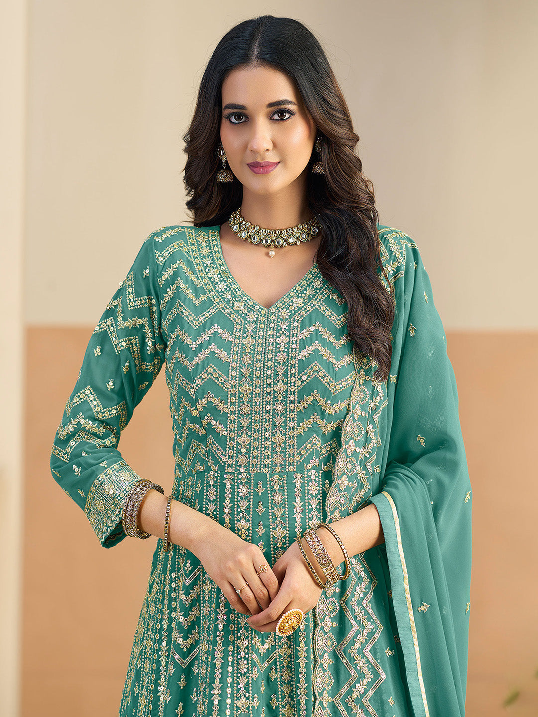 Embroidered Geogrette Semi Stitched Gown With Pant &amp; Dupatta