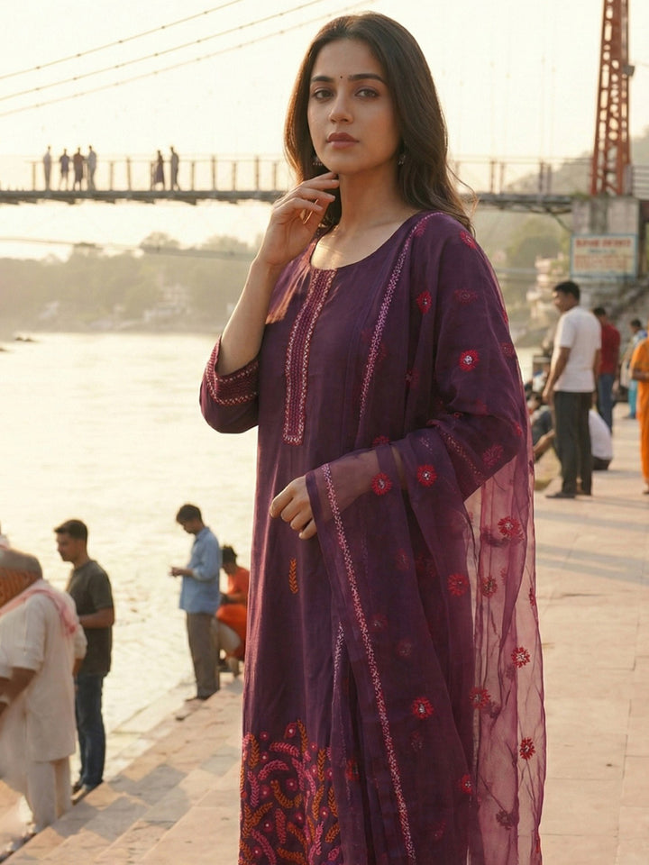 Wine Art Silk Printed Straight Suit Set