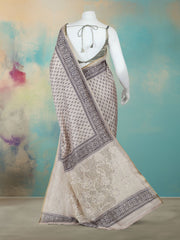 Printed Tussar Black Beige Saree