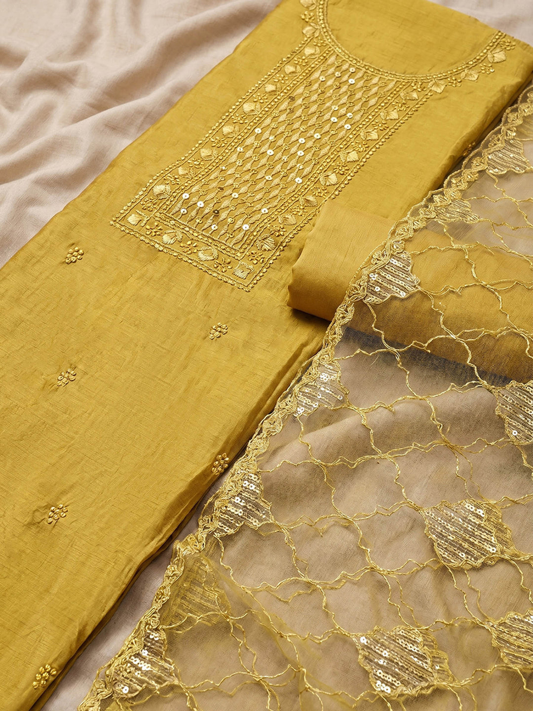 Neck Embroidered Chanderi Unstitched Suit With Dupatta
