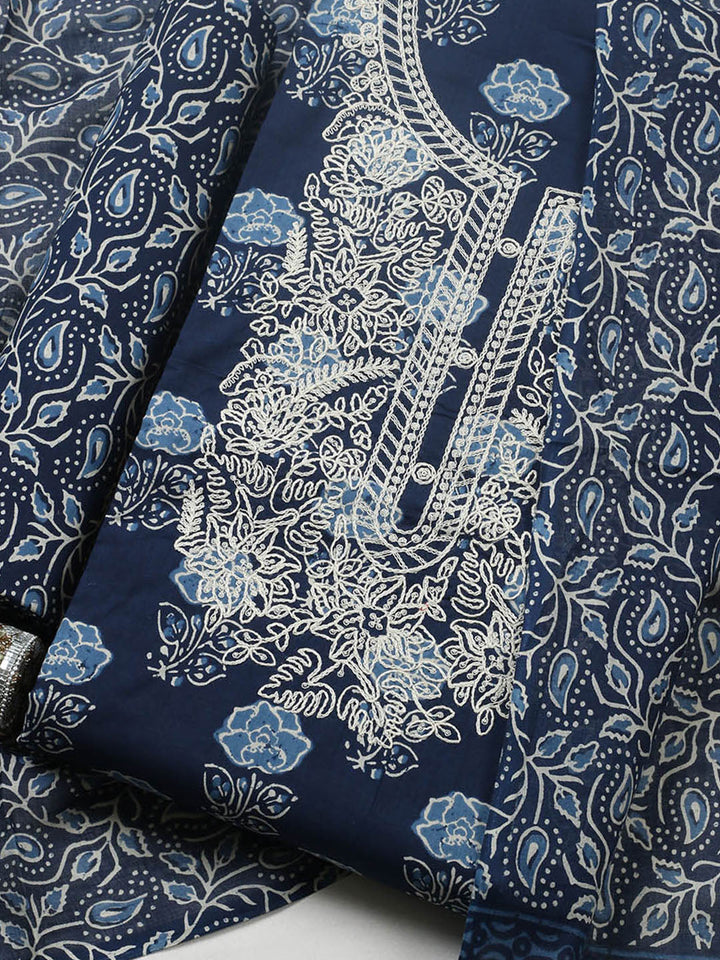 Embroidered Cotton Blend Unstitched Suit With Pant &amp; Dupatta