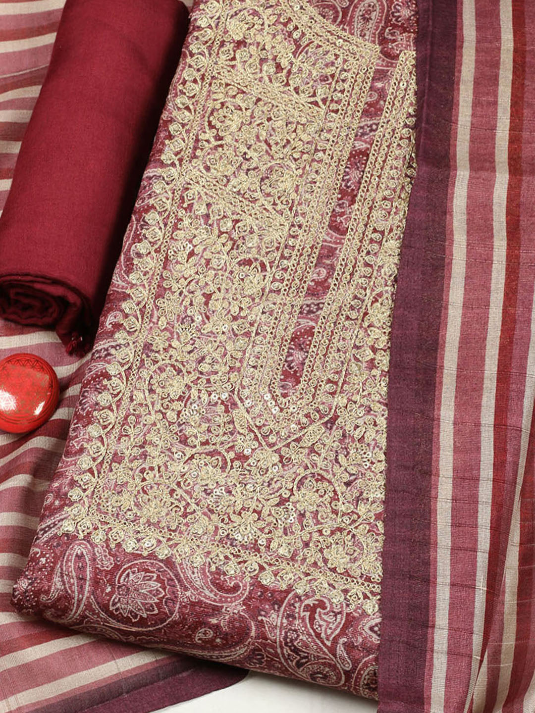 Embroidered Chanderi Unstitched Suit With Pant &amp; Dupatta