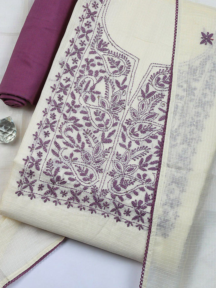 Embroidered Cotton Blend Unstitched Suit With Pant &amp; Dupatta