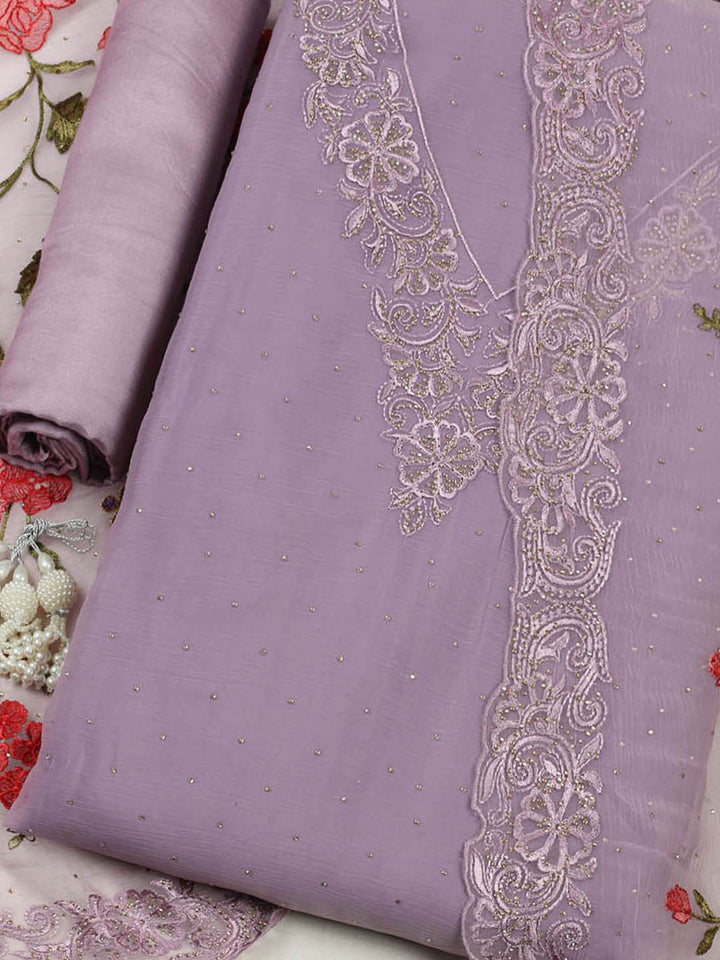 Embellished Organza Unstitched Suit With Pant &amp; Dupatta