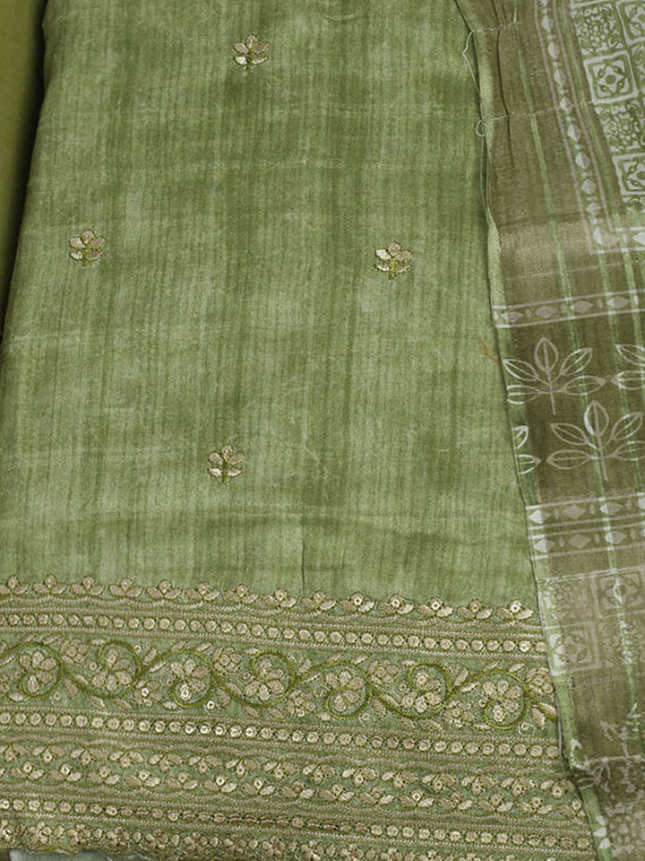 Embroidered Chanderi Unstitched Suit With Pant &amp; Dupatta
