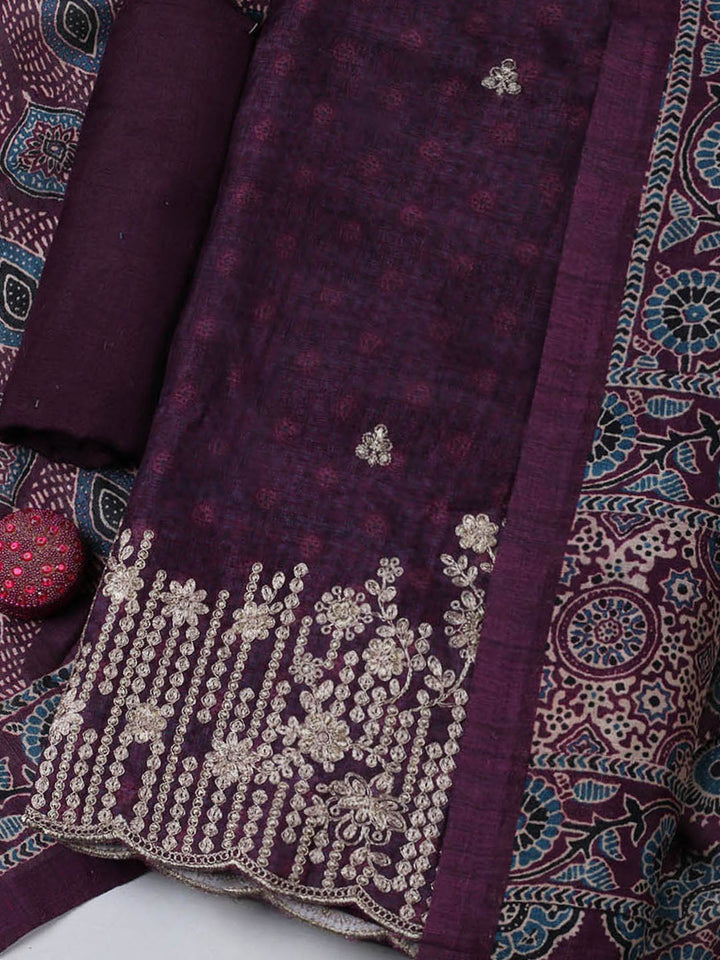 Embroidered Tussar Unstitched Suit With Pant &amp; Dupatta