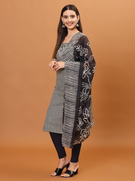 Neck Embroidery & Printed Cotton Unstitched Suit Piece With Dupatta