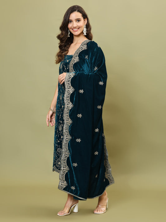 Embroidered Velvet Unstitched Suit Piece With Dupatta