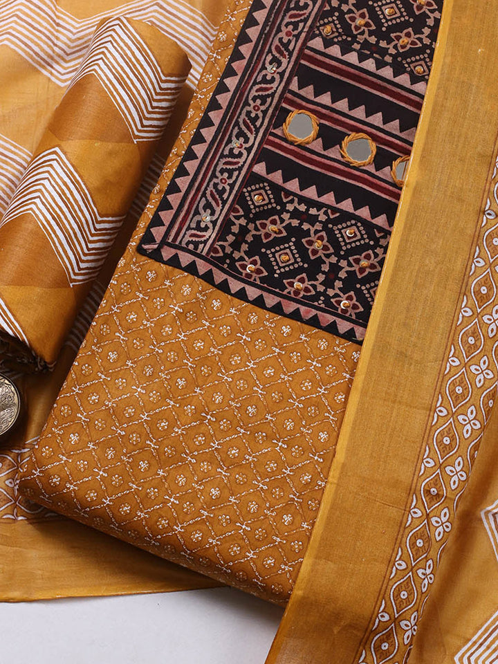 Printed Cotton Blend Unstitched Suit With Pant &amp; Dupatta