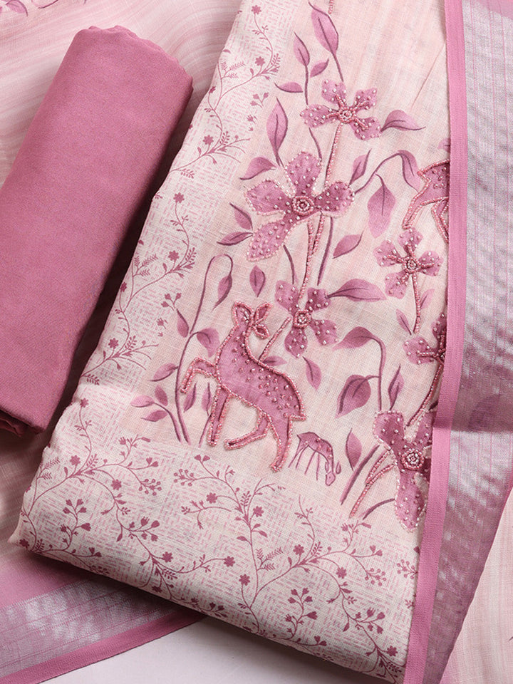 Printed Linen Blend Unstitched Suit With Pant &amp; Dupatta