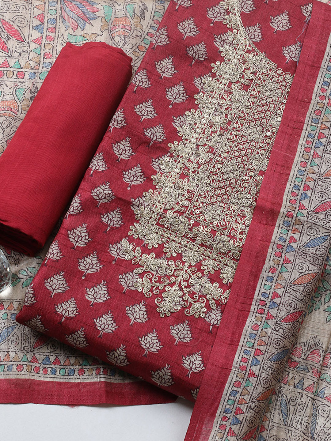 Embroidered Cotton Blend Unstitched Suit With Pant &amp; Dupatta