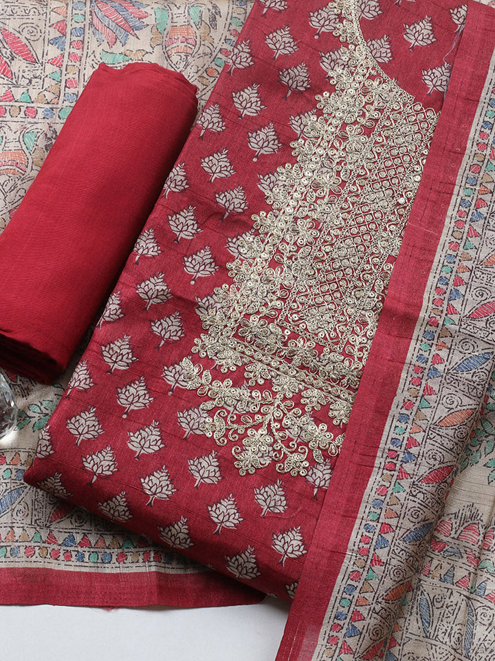 Embroidered Cotton Blend Unstitched Suit With Pant &amp; Dupatta