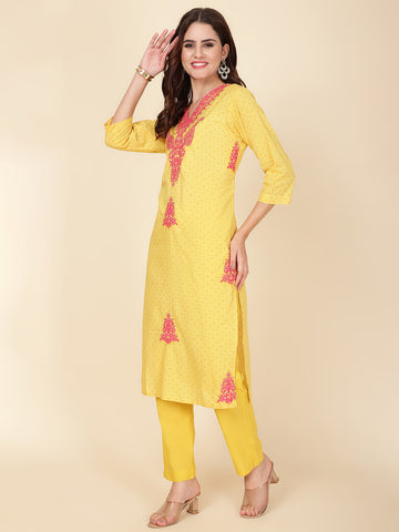 Printed & Neck Embroidered Cotton Kurta Set