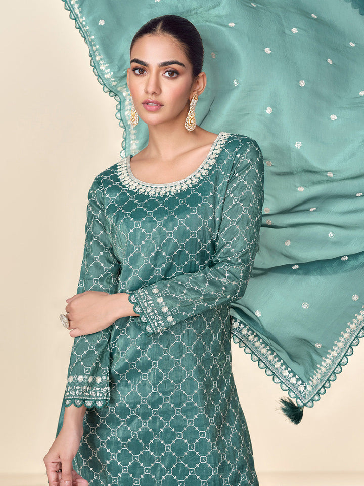 Embroidered Tissue Crush Kurta With Plazzo &amp; Dupatta