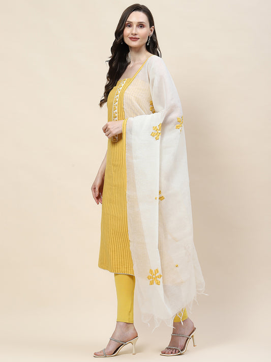 Stripes Woven Cotton Embroidery Unstitched Suit Piece With Dupatta