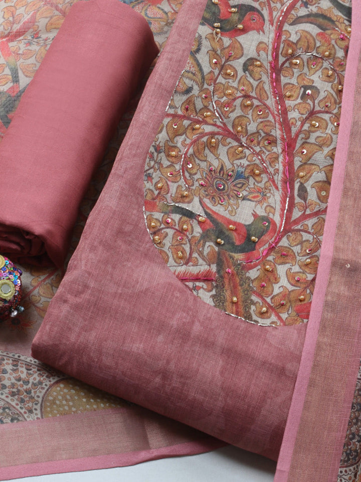 Printed Linen Blend Unstitched Suit With Pant &amp; Dupatta