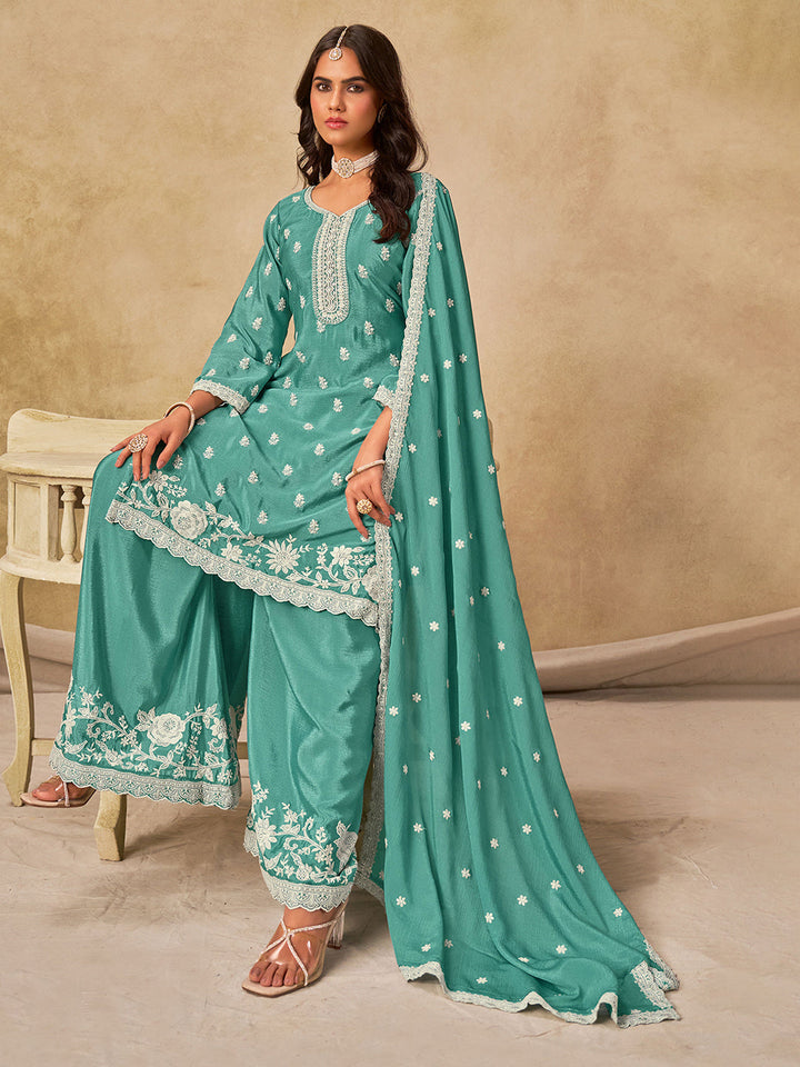 Embroidered Chinnon Semi Stitched Kurta With Plazzo &amp; Dupatta