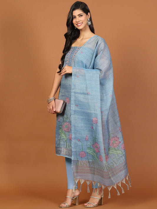 Printed Cotton Blend Unstitched Suit With Dupatta