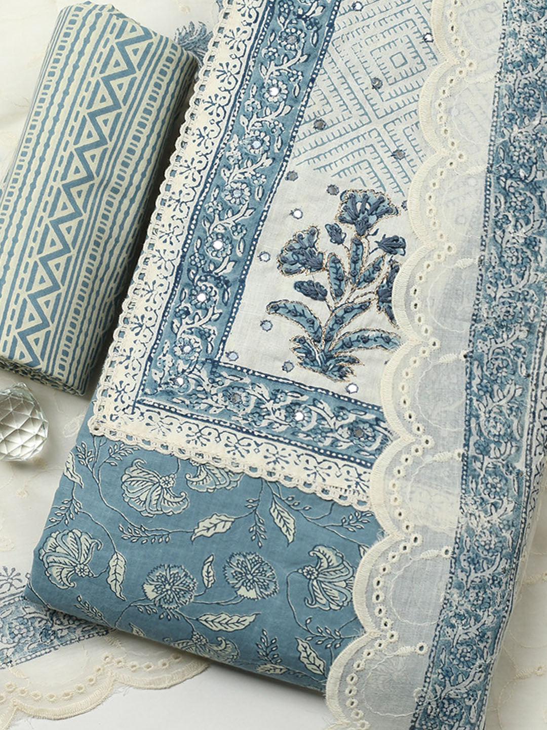 Printed Cotton Blend Unstitched Suit With Pant &amp; Dupatta