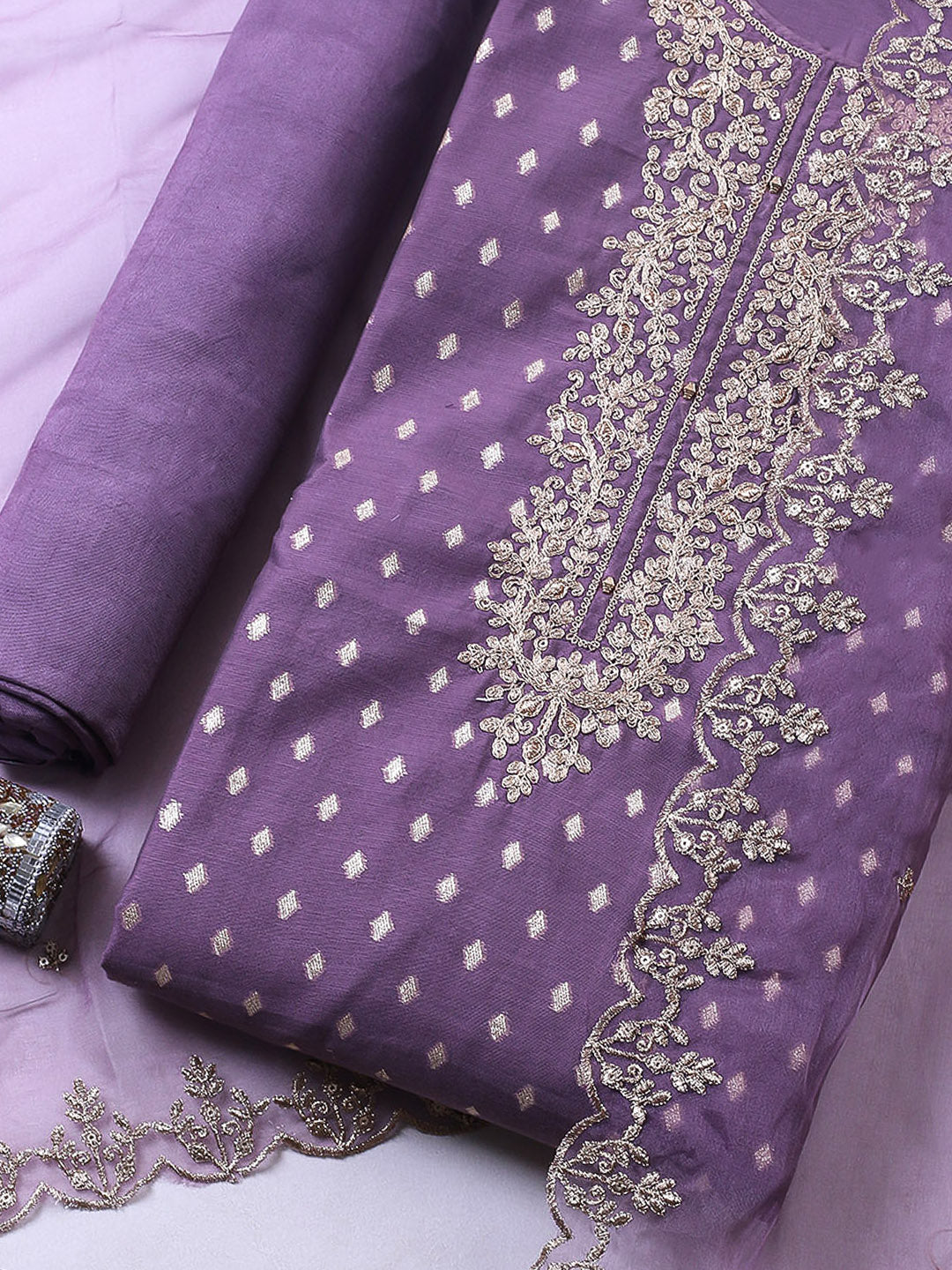 Embroidered Chanderi Unstitched Suit With Pant &amp; Dupatta
