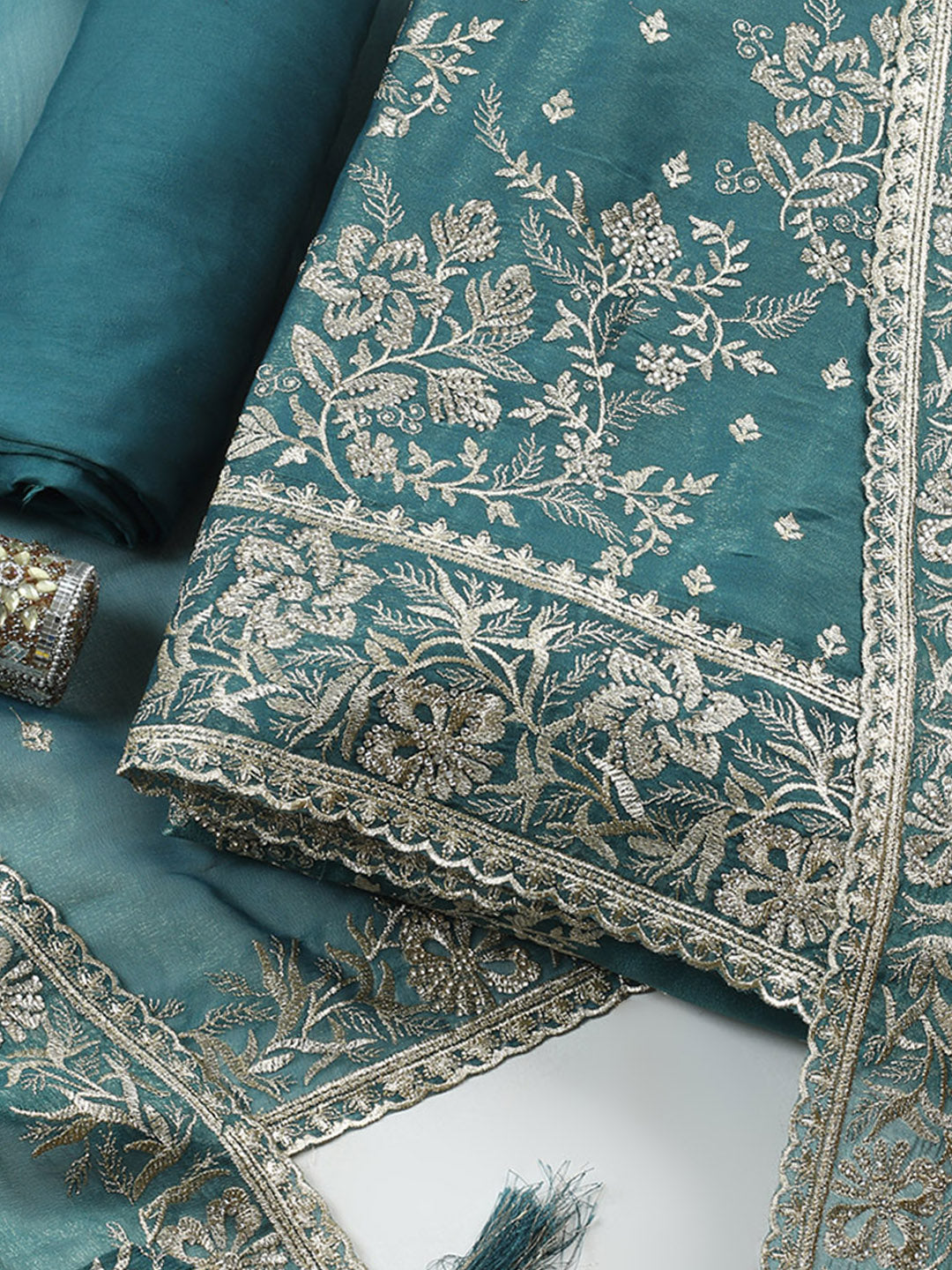 Embroidered Tissue Unstitched Suit With Pant &amp; Dupatta