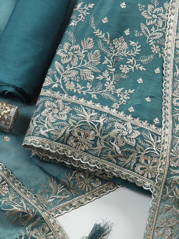 Embroidered Tissue Unstitched Suit With Pant &amp; Dupatta