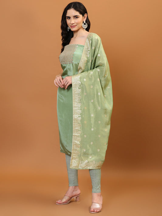 Neck Embroidered Chanderi Unstitched Suit Piece With Dupatta