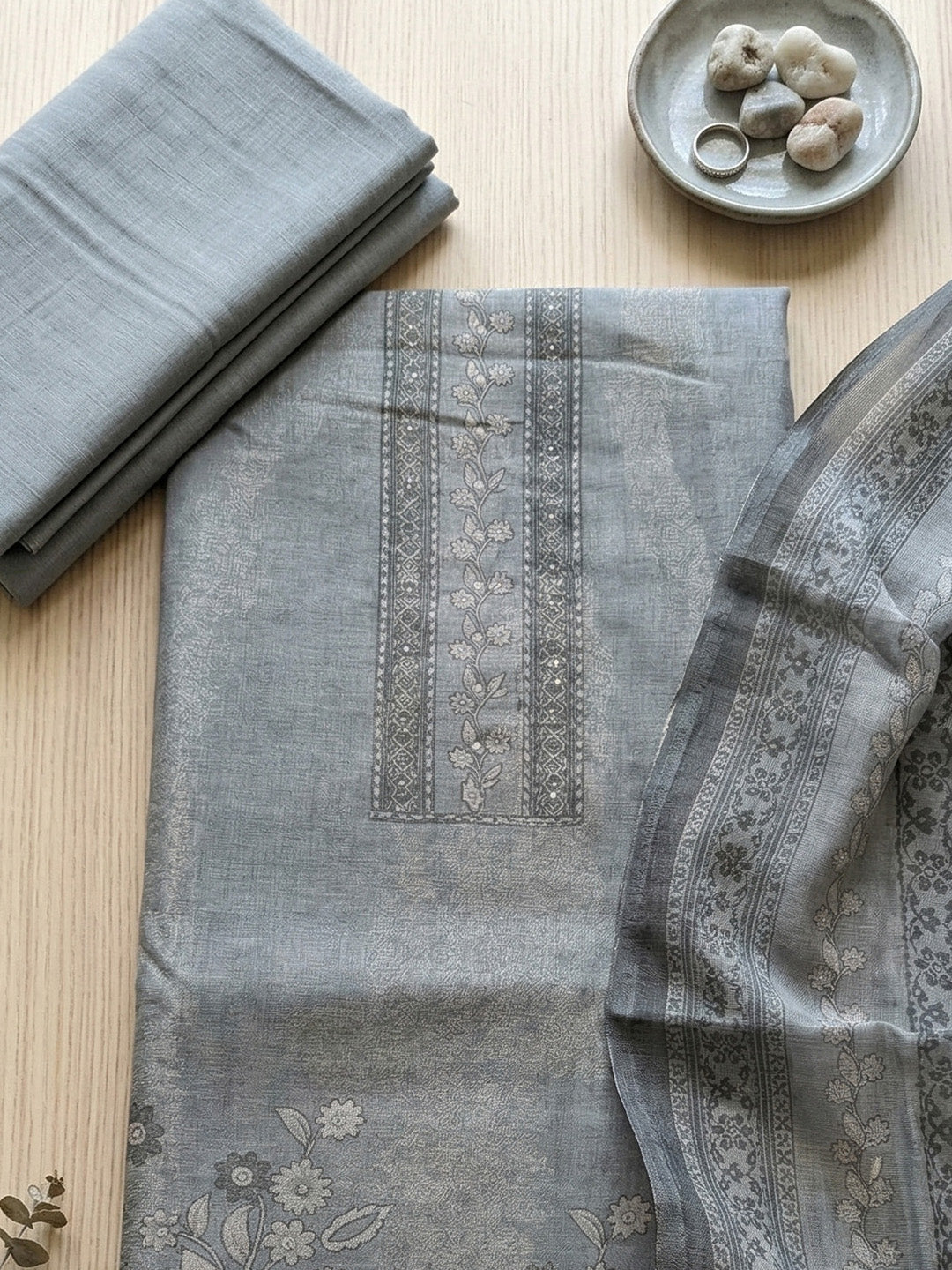 Embroidered Linen Blend Unstitched Suit With Pant &amp; Dupatta