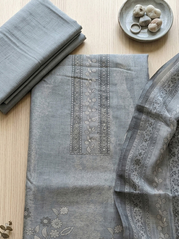 Embroidered Linen Blend Unstitched Suit With Pant &amp; Dupatta
