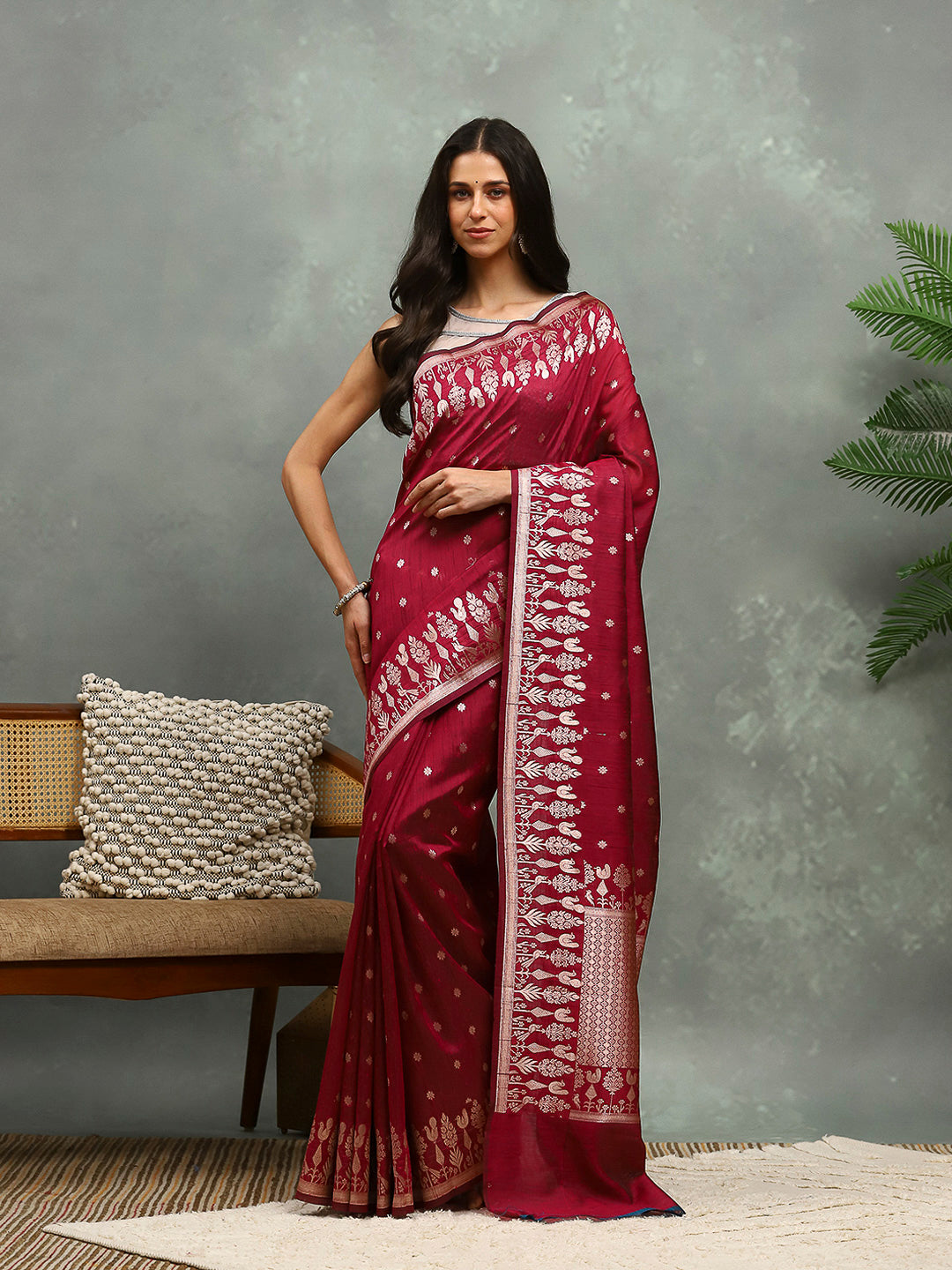 Zari Border Booti Cotton Blend Woven Saree