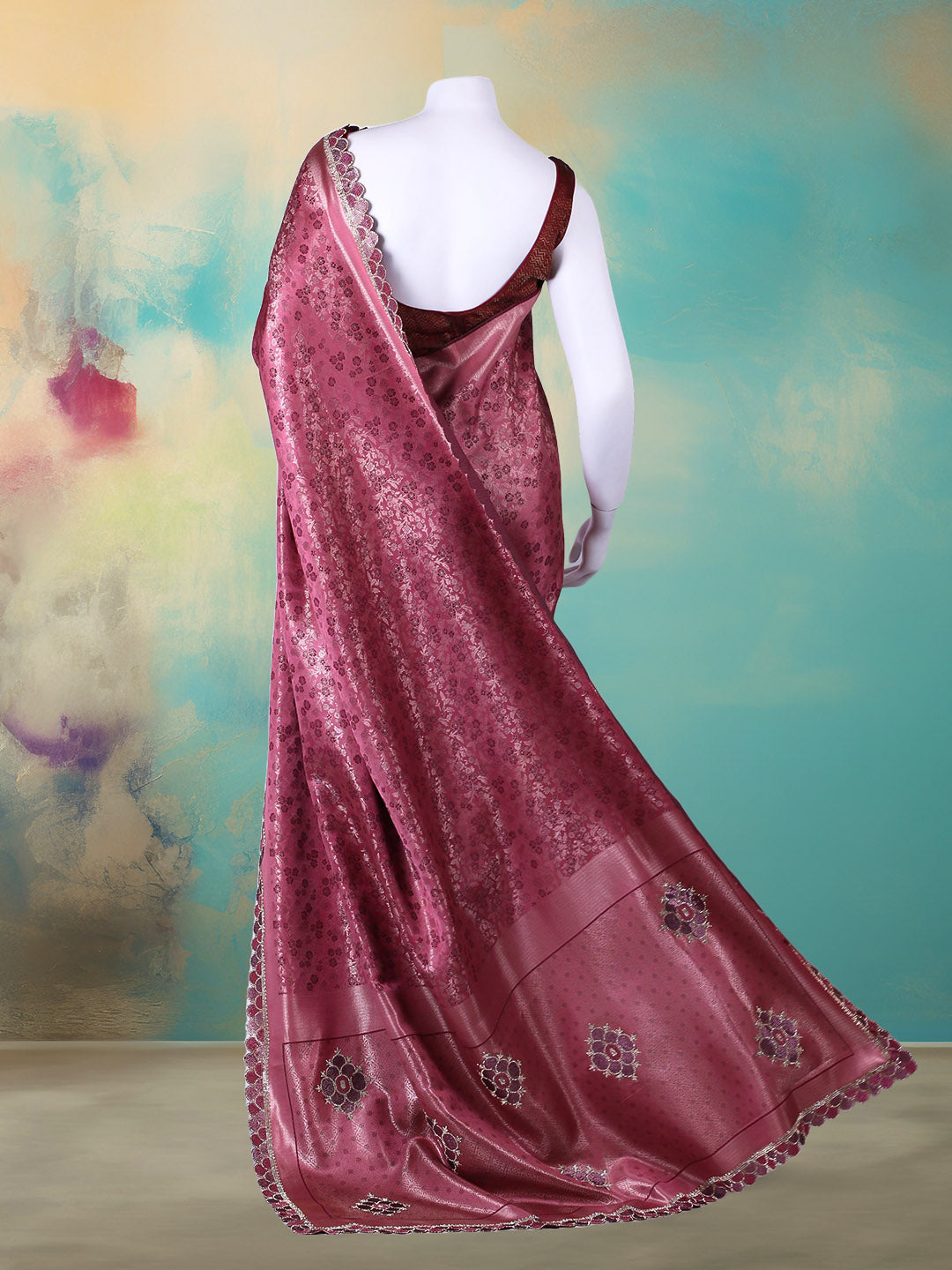 Floral Woven Design &amp; Embellished Border Satin Saree