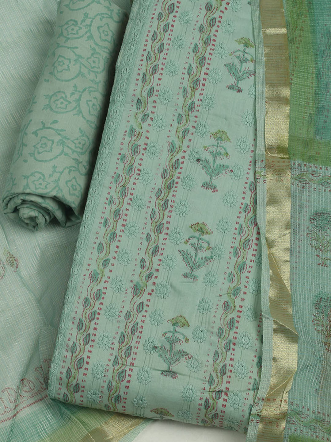 Printed Cotton Unstitched Suits Printed Suit With Pant &amp; Dupatta