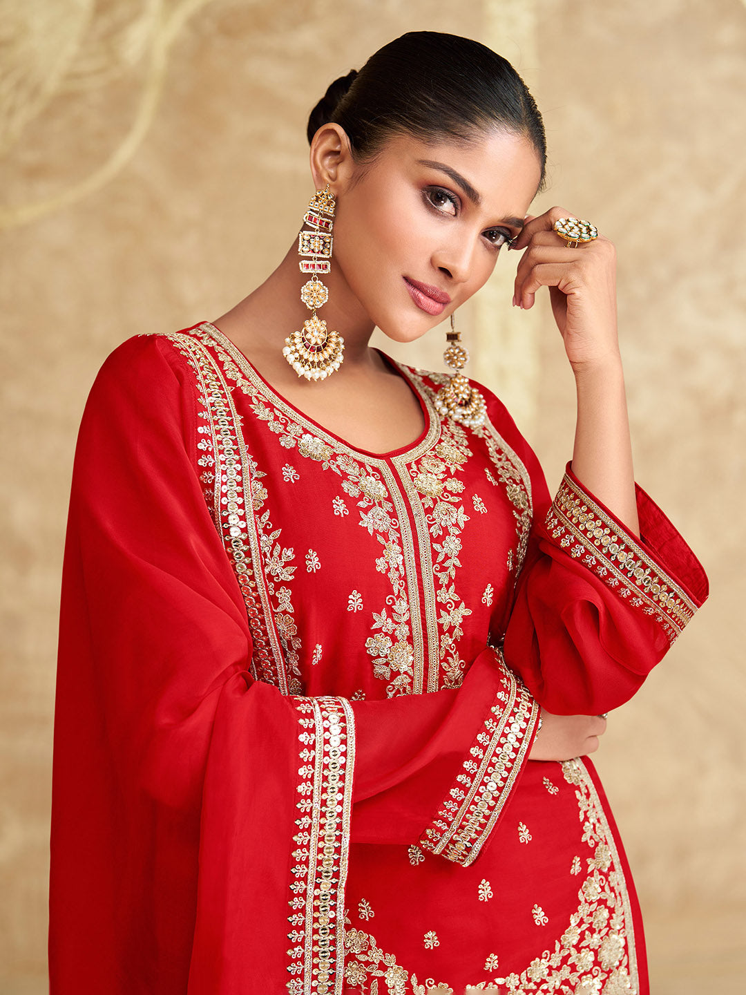 Embroidered Chinon Silk Kurta With Skirt &amp; Dupatta