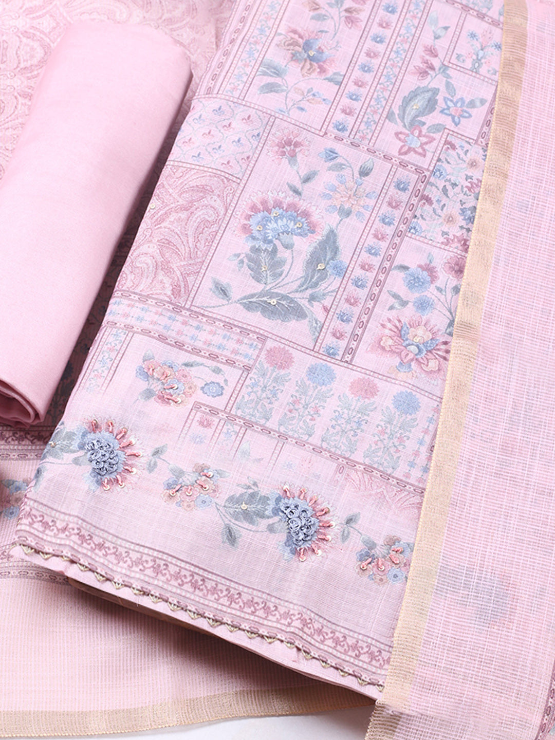 Printed Linen Blend Unstitched Suit With Pant &amp; Dupatta