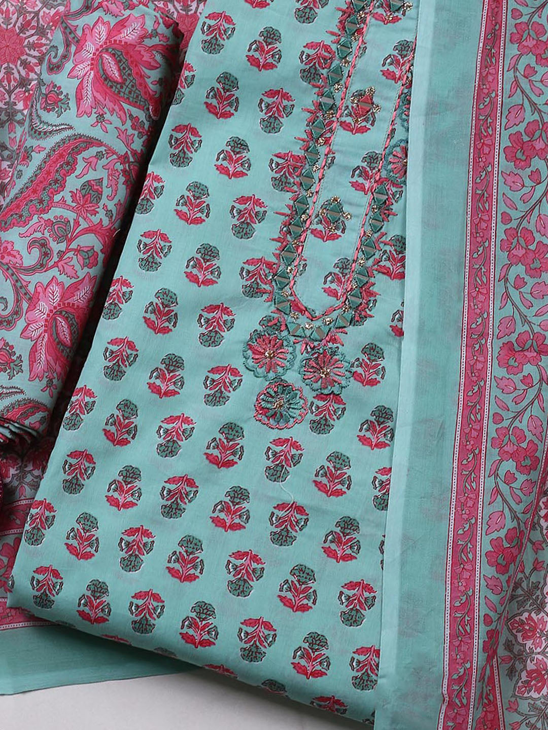 Embellished Cotton Blend Unstitched Suit With Pant &amp; Dupatta