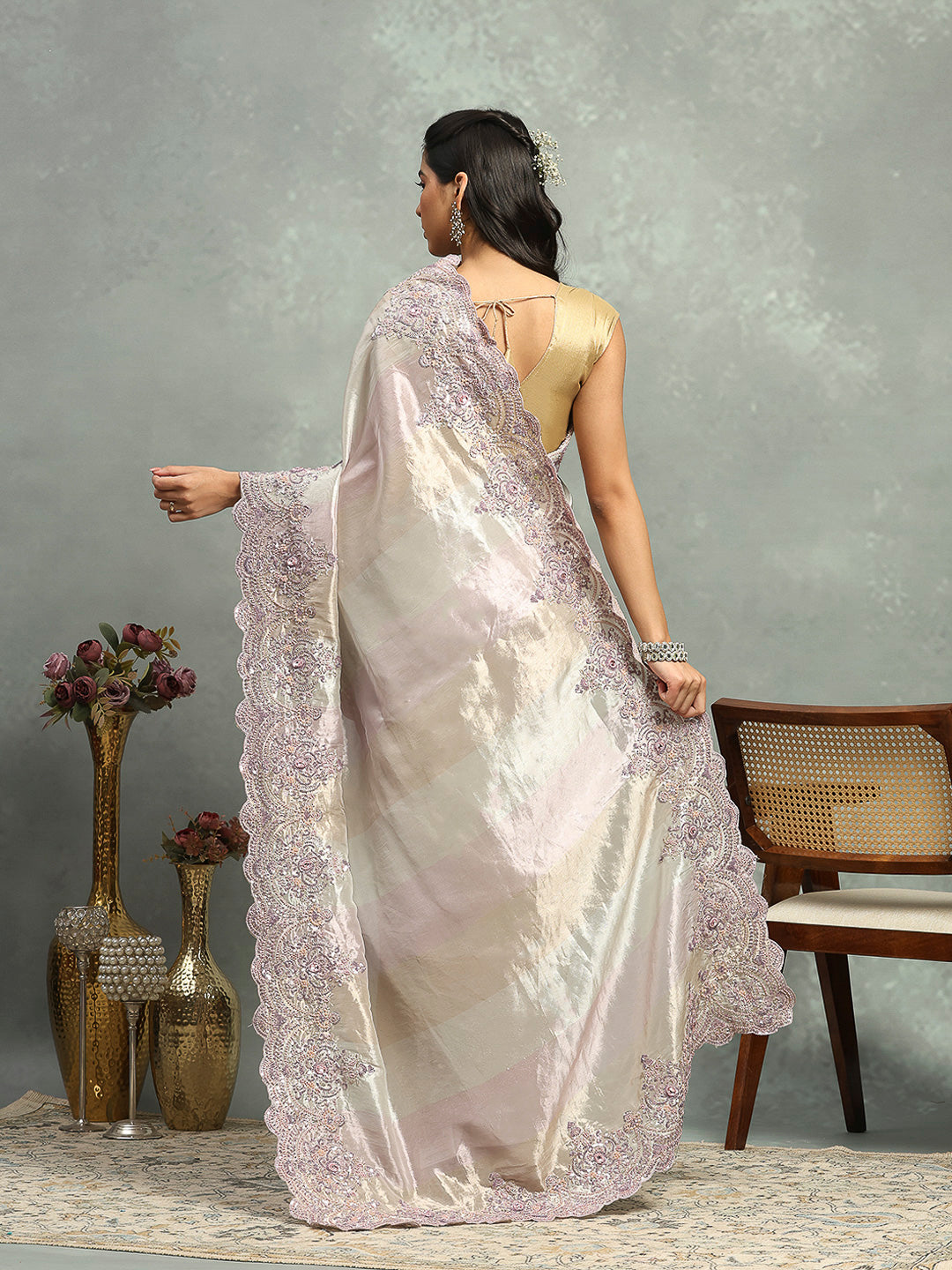 Zari Jaal &amp; Sequin Embroidered Tissue Saree