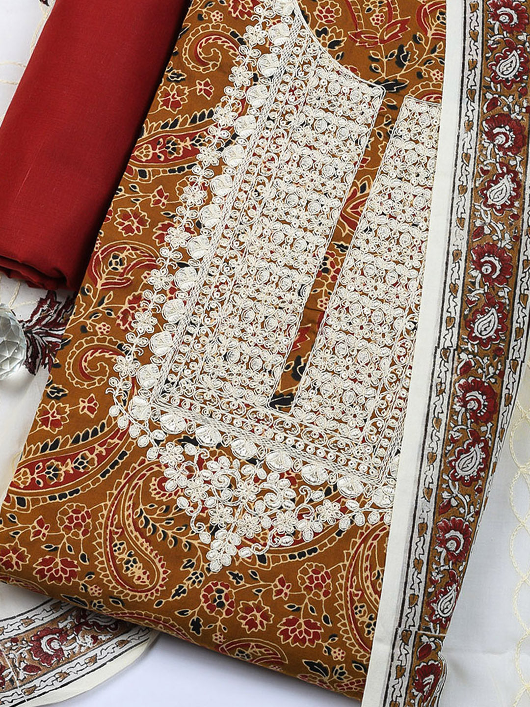 Printed Cotton Blend Unstitched Suit With Pant &amp; Dupatta