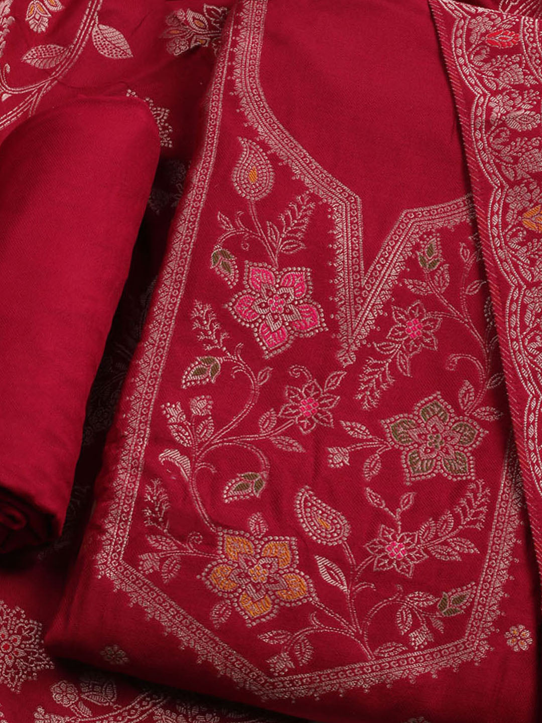 Pashmina Woven Design Unstitched Kurta With Pant &amp; Dupatta