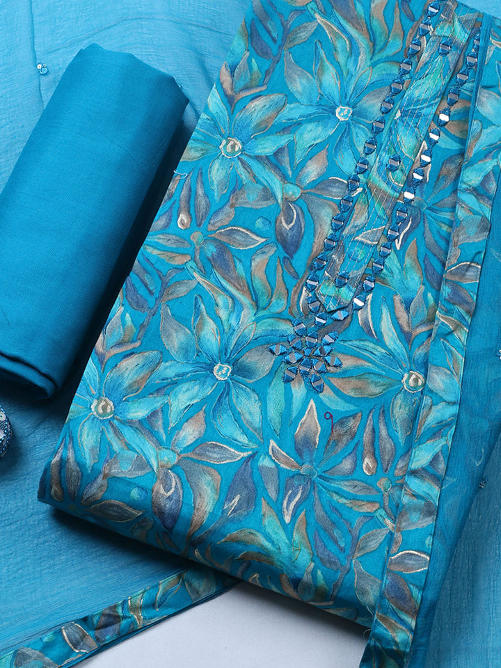 Embroidered Cotton Blend Unstitched Suit With Pant &amp; Dupatta