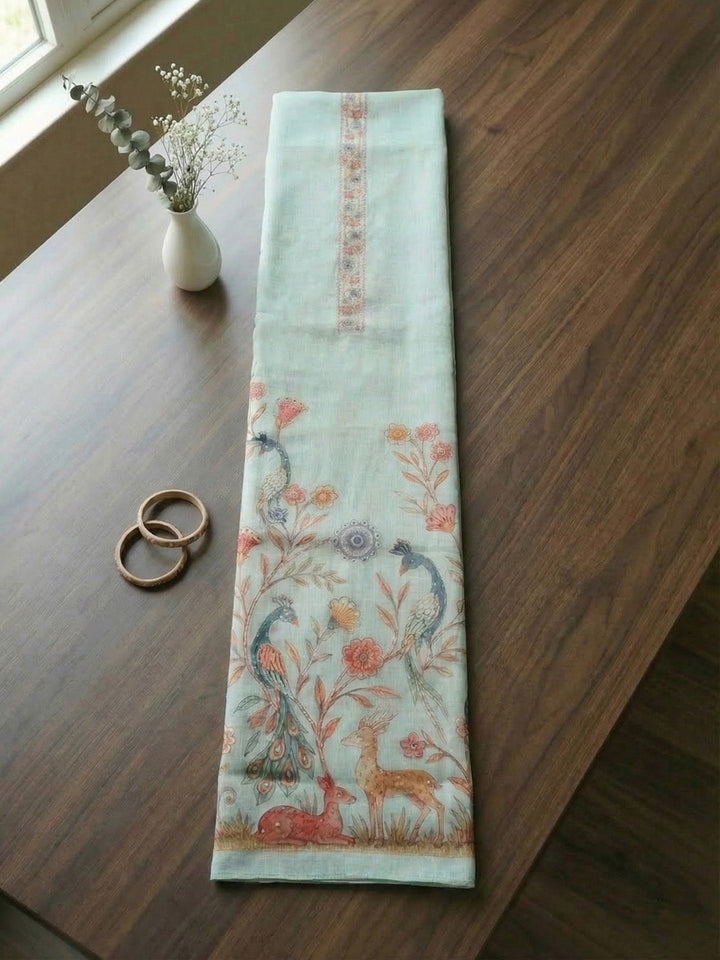 Printed Linen Blend Unstitched Suit With Pant &amp; Dupatta