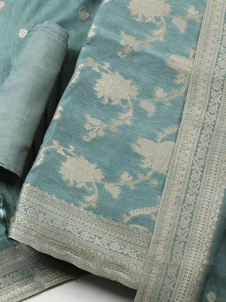 Woven Design Chanderi Unstitched Suit With Pant Dupatta
