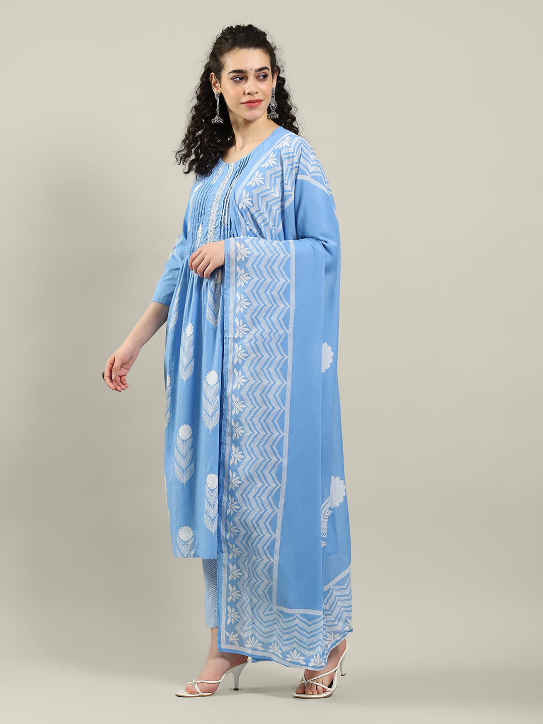 Printed Cotton Blend Kurta With Pants & Dupatta
