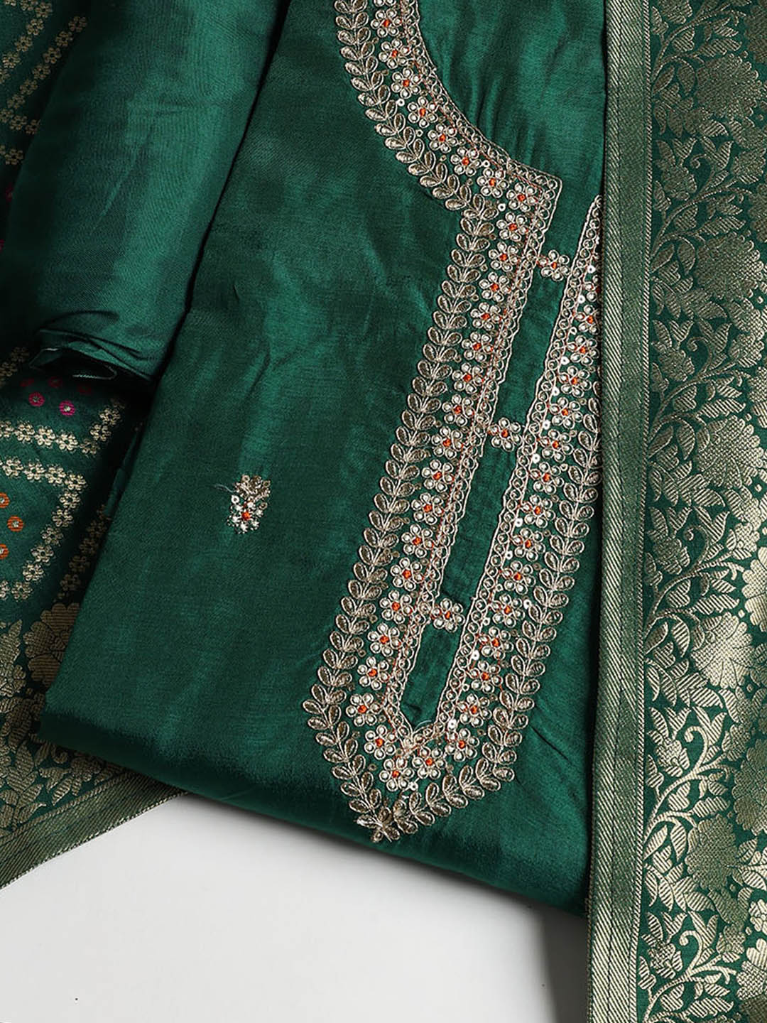 Neck Embroidered Chanderi Unstitched Suit With Dupatta