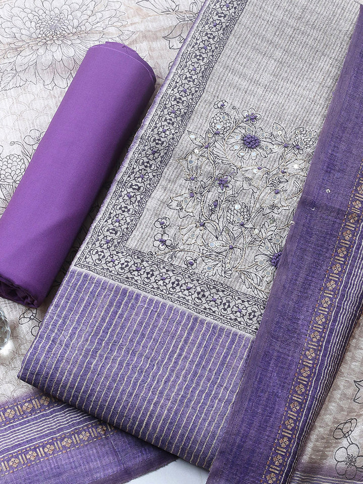Embroidered Chanderi Unstitched Suit With Pant &amp; Dupatta