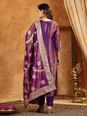 Neck Zari Embroidery Tissue Kurta With Pants & Dupatta