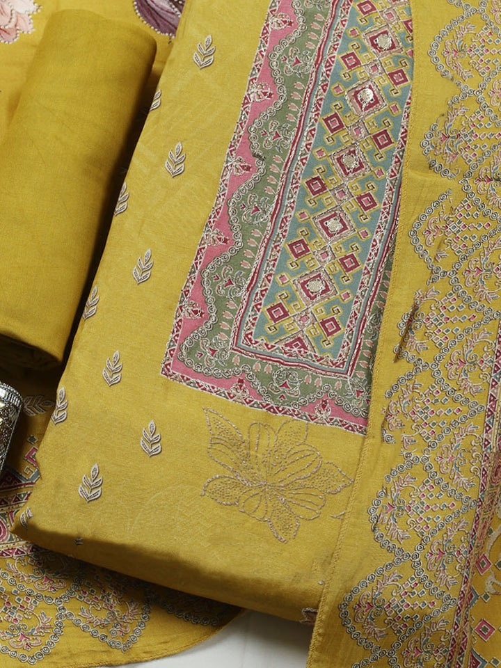 Embroidered Muslin Unstitched Suit With Pant Dupatta