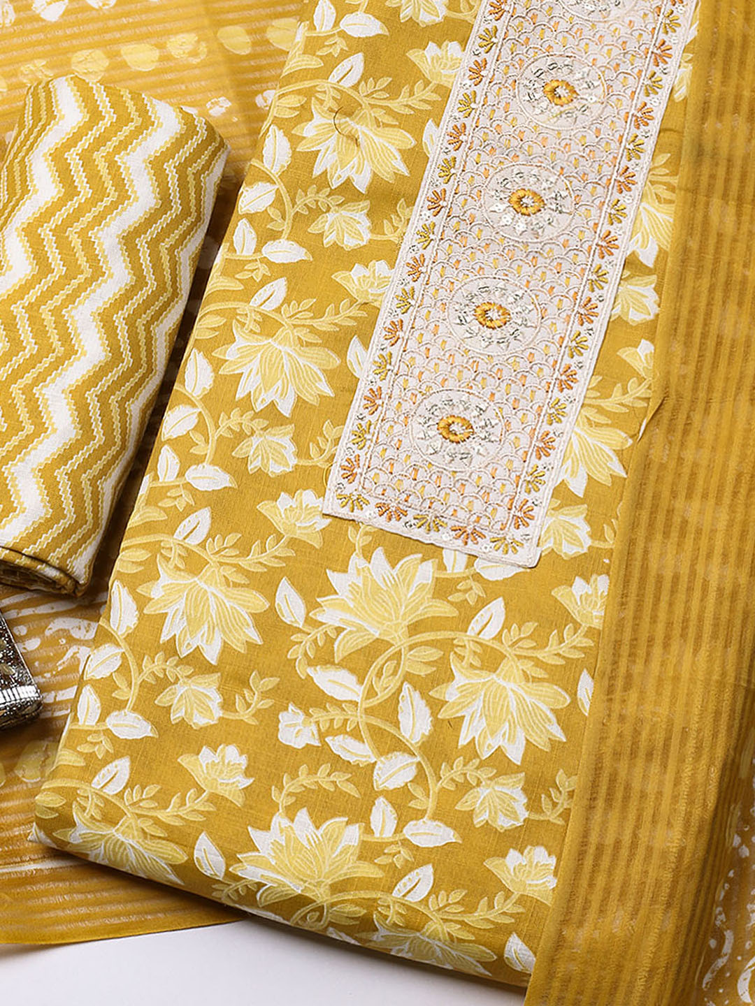 Printed Cotton Blend Unstitched Suit With Pant &amp; Dupatta