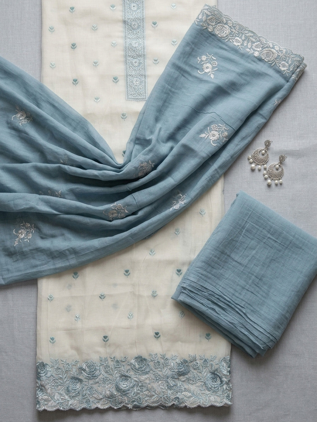 Embroidered Chanderi Unstitched Suit With Pant &amp; Dupatta